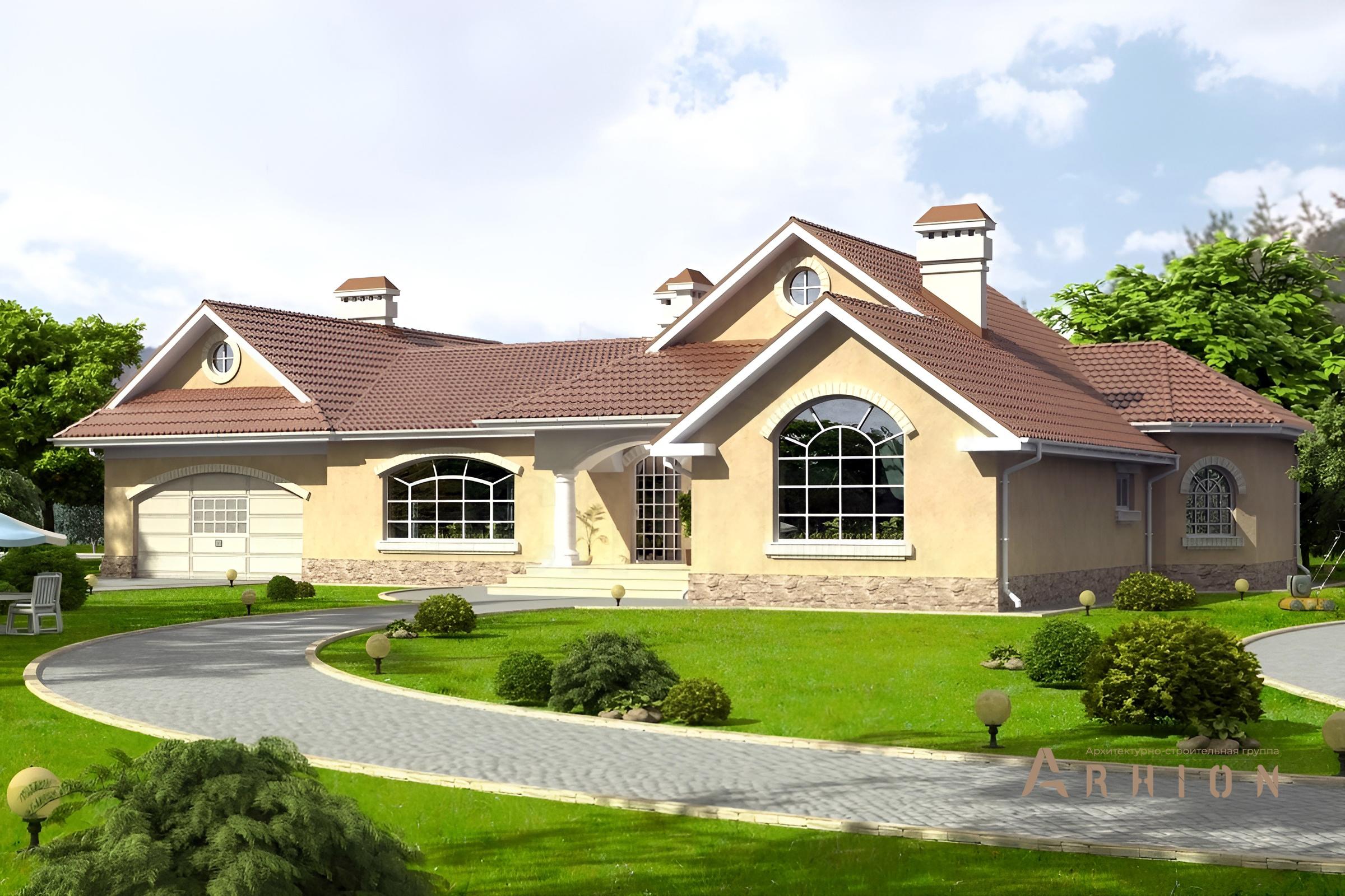 5. Проект одноэтажного дома в современном стиле с многоскатной кровлей, cp-49-95, площадью - 335 кв c гаражом